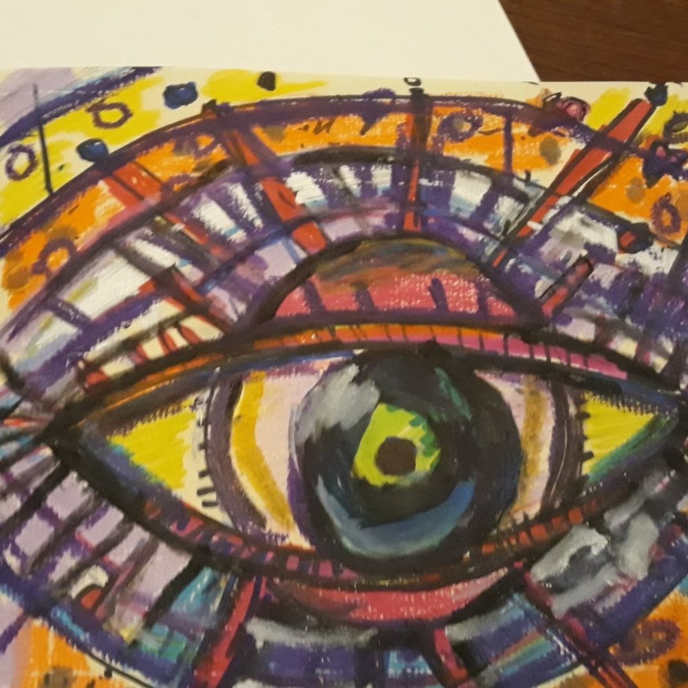 Abstract drawing titled Lucky Eye Mandala. 8 1/2 by 10. Watercolor on Paper